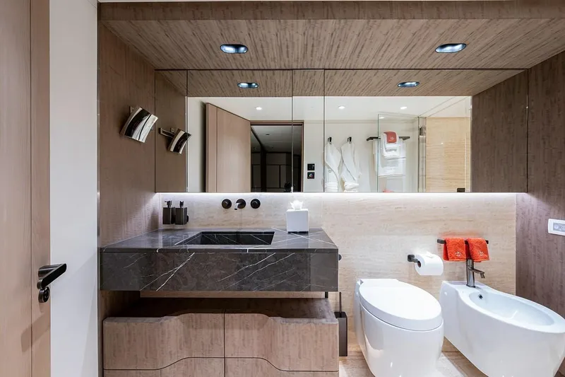 Slide: The Image of Luxurious bathroom on 2020 Majesty 140 yacht with modern fixtures and elegant design. - 45