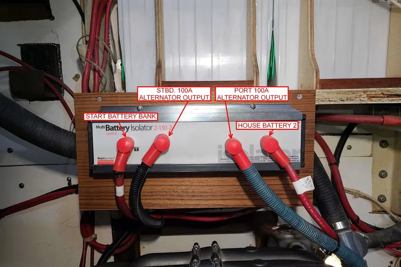 Slide: The Image of Battery isolator setup on a 1984 Shannon 51' Center cockpit sailboat, labeled connections visible. - 24