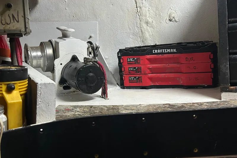 Slide: The Image of Workshop tools and equipment inside a 1977 Custom Brigantine boat. - 55