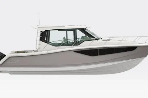 The Image of 2026 Boston Whaler 405 Conquest boat, sleek design, side view, white and gray exterior. - 1