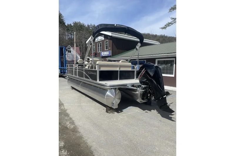 Slide: The Image of 2024 Lowe Ultra 202 Fish & Cruise pontoon boat with Mercury outboard motor. - 3