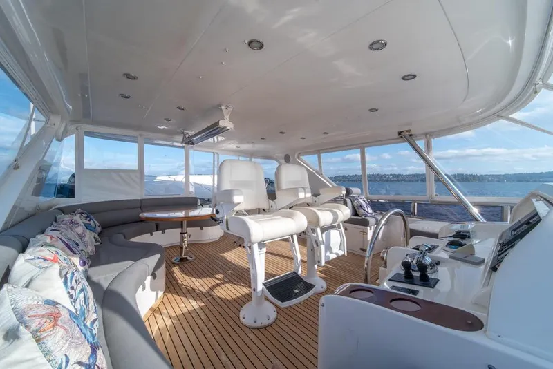 Slide: The Image of Luxurious 2009 Horizon 73 yacht interior with seating and helm, overlooking serene waters. - 48