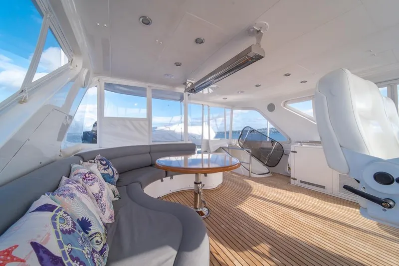 Slide: The Image of Luxurious Horizon 73 yacht interior with plush seating, wooden flooring, and panoramic windows, 2009 model. - 60