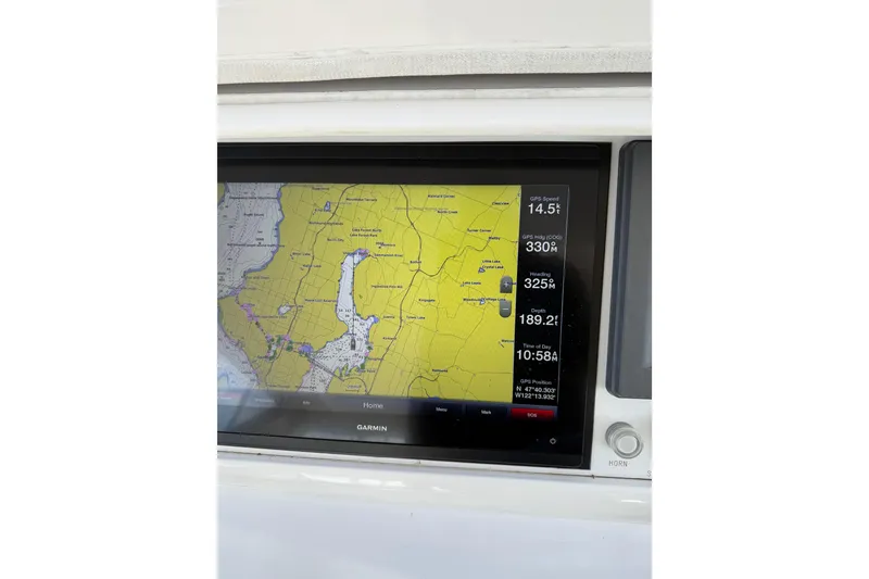 Slide: The Image of Garmin navigation display on Horizon 73 yacht, showing map and GPS data, 2009 model. - 63