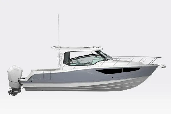 The Image of 2026 Boston Whaler 365 Conquest boat, side view, sleek design, gray and white color scheme. - 1