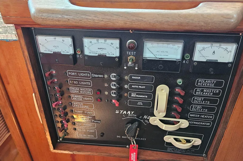 Slide: The Image of Control panel of a 1987 Transpacific Marine Eagle 32 boat with gauges and switches. - 22