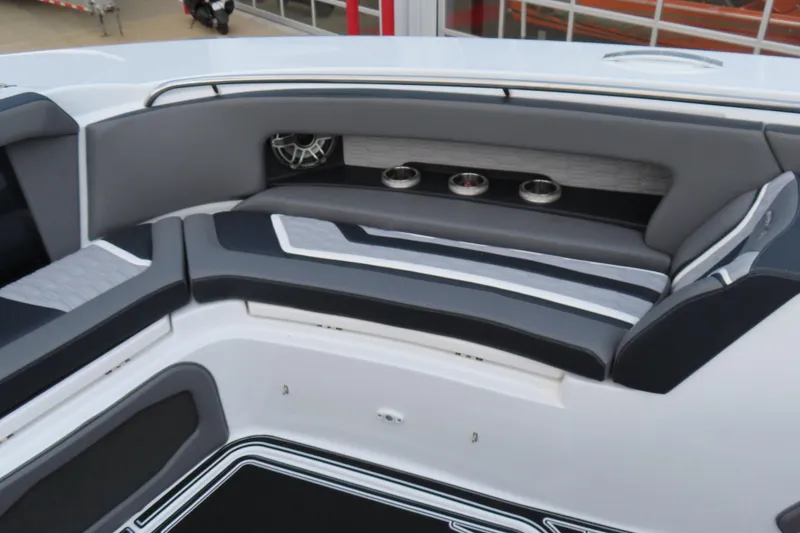 Slide: The Image of 2024 MTI 50v boat interior with sleek seating and modern design elements. - 22