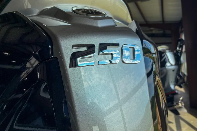 Slide: The Image of Close-up of 2026 Skeeter ZXE20 with "250" emblem, reflecting sky. - 12