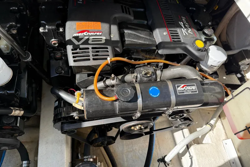 Slide: The Image of Engine of 1998 Formula 34 Performance Cruiser with MerCruiser V8 and coolant recovery system. - 37
