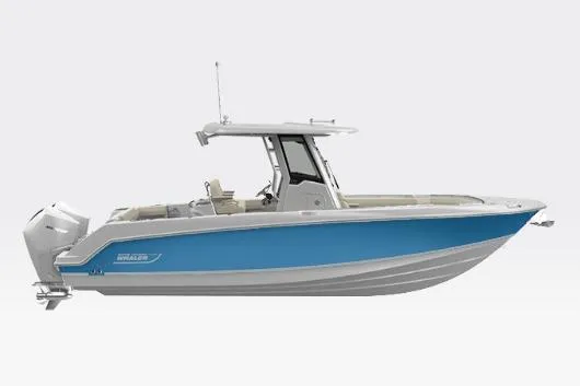 Slide: The Image of 2026 Boston Whaler 280 Outrage boat, side view, blue and white design. - 14