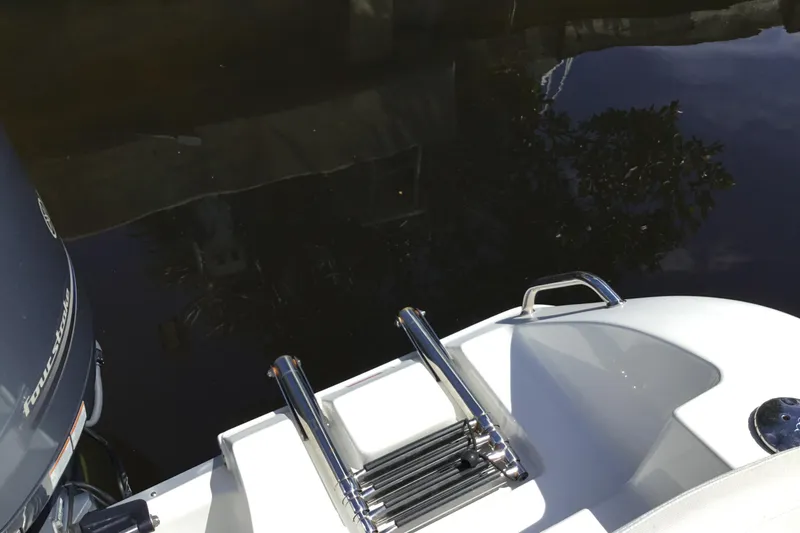 Slide: The Image of 2020 Sea Hunt Ultra 225 boat with stainless steel ladder and outboard motor. - 45