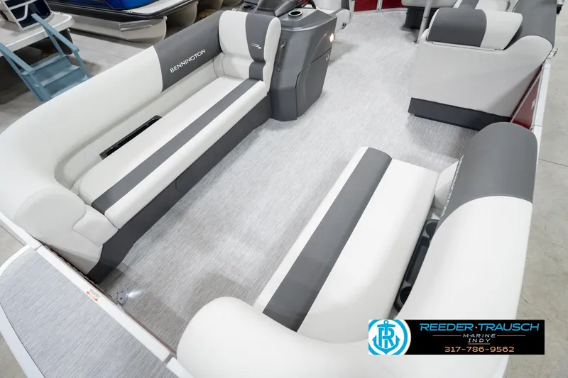 Slide: The Image of 2026 Bennington 20 SL pontoon boat interior with gray and white seating. - 12