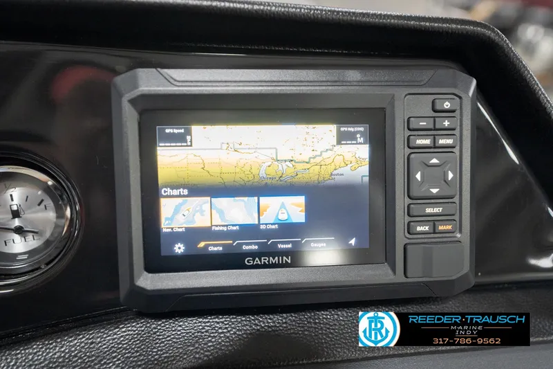 Slide: The Image of Garmin GPS display on 2026 Bennington 20 SL boat dashboard with fuel gauge. - 39