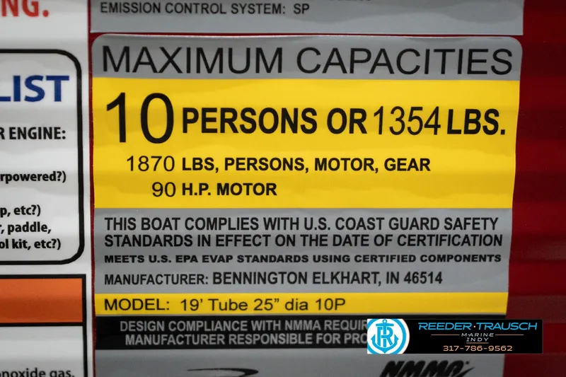 Slide: The Image of 2026 Bennington 20 SL boat capacity label: 10 persons or 1354 lbs, 90 HP motor. - 55