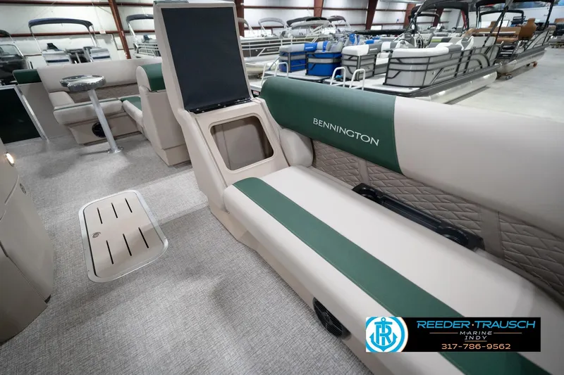 Slide: The Image of Interior of 2026 Bennington 20 SLJ pontoon boat with seating and storage features. - 23