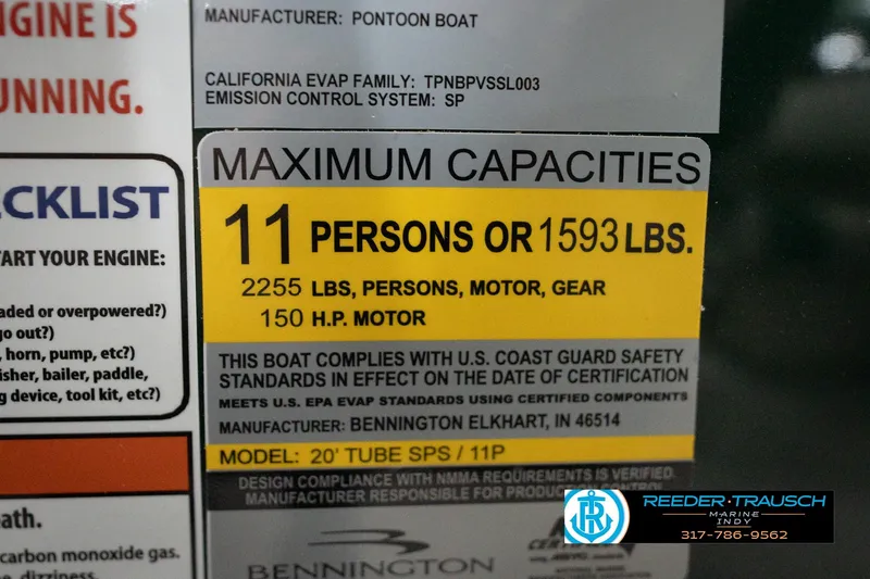 Slide: The Image of Maximum capacity label for Bennington 20 SLJ pontoon boat, 2026 model, 11 persons or 1593 lbs. - 56