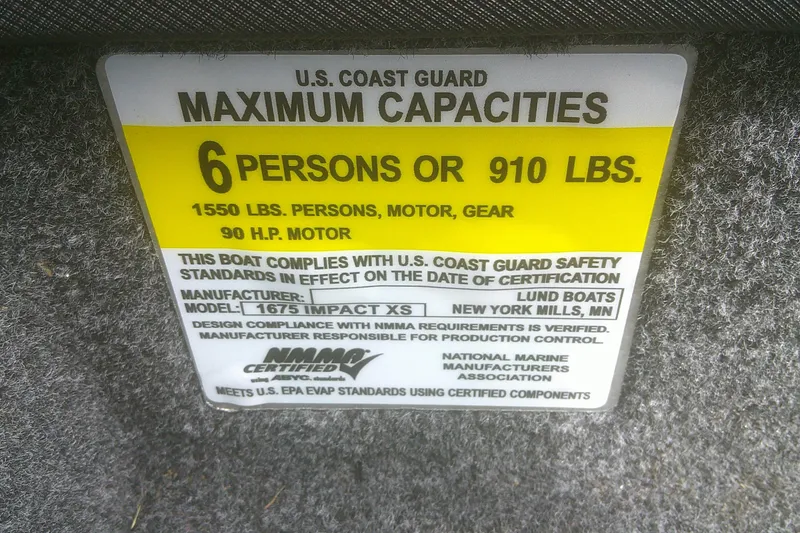 Slide: The Image of U.S. Coast Guard capacity label for 2022 Lund 1675 Impact XS Sport boat. - 11