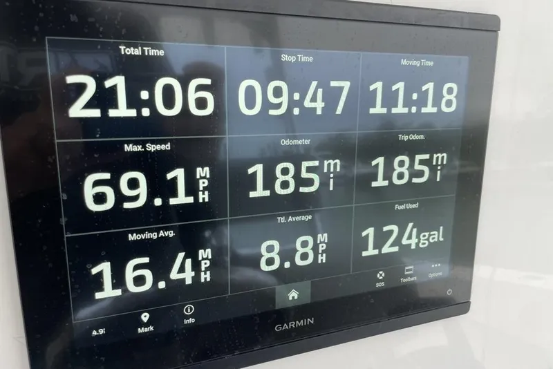 Slide: The Image of Garmin display showing boat stats: speed, distance, fuel for 2024 Onslow Bay 33 Tournament. - 21