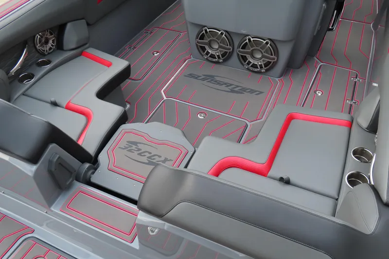 Slide: The Image of 2025 Sunsation 32CCX boat interior with stylish seating and modern design elements. - 12