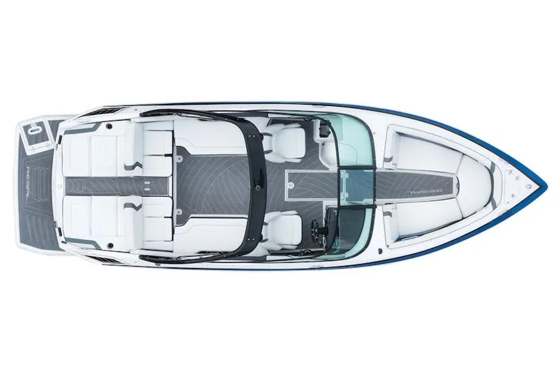 Slide: The Image of Manufacturer Provided Image: 2018 Regal 2500 Bowrider boat, top view, white and blue design, spacious seating. - 13