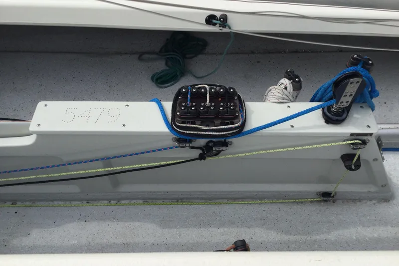 Slide: The Image of Close-up of a 2002 Flying Scot 19 sailboat's rigging and control lines. - 8