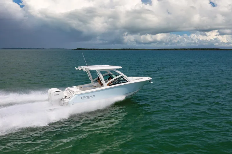 Slide: The Image of 2026 Robalo R257 Dual Console boat cruising on open water under cloudy sky. - 29