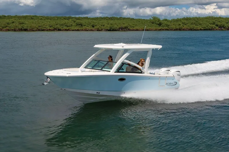 Slide: The Image of 2026 Robalo R257 Dual Console boat cruising on water with passengers. - 30