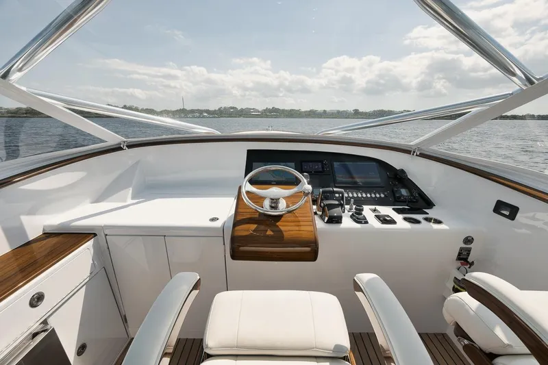 Slide: The Image of 2024 Gamefisherman 49 yacht helm with modern controls and luxurious seating on open water. - 22