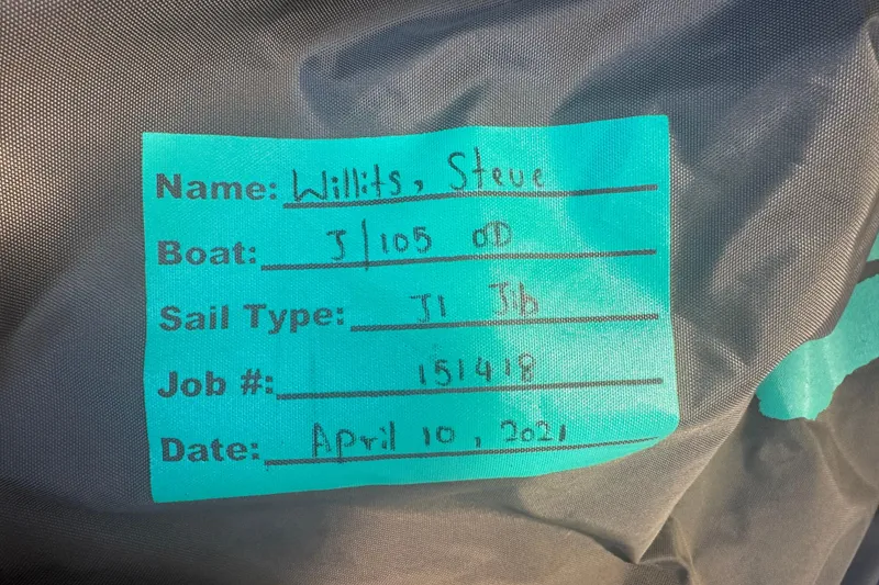 Slide: The Image of Label on sail bag for J/105 boat, dated April 10, 2021. - 26