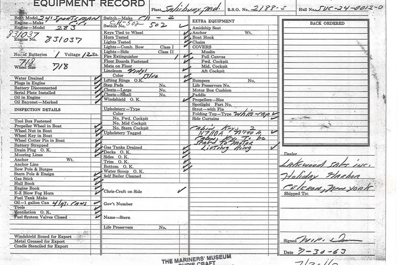 Slide: The Image of 1964 Chris Craft Sea Skiff Sportsman equipment record with detailed specifications and inspection checklist. - 3