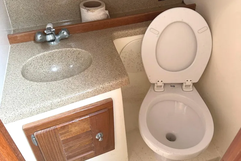 Slide: The Image of Compact bathroom in 2003 Albemarle 27 Express Fisherman boat with sink and toilet. - 11