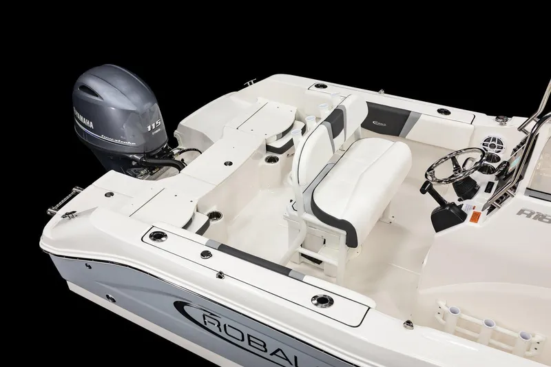 Slide: The Image of 2026 Robalo R180 Center Console boat with Yamaha 115 engine, sleek interior design. - 11