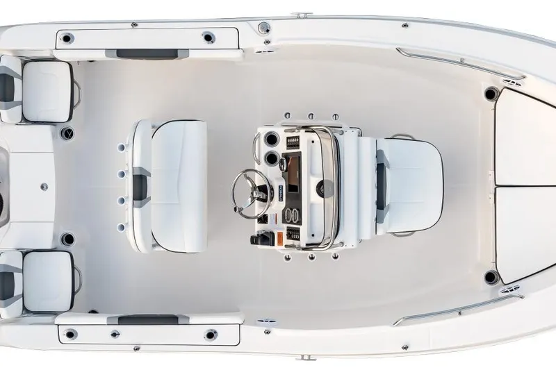 Slide: The Image of 2026 Robalo R180 Center Console boat, top view, showcasing seating and control layout. - 18