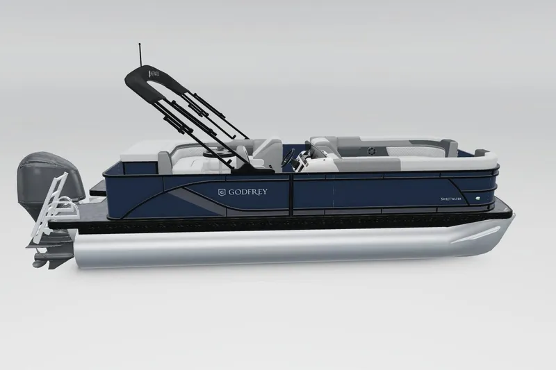 Slide: The Image of 2026 Godfrey Sweetwater 2286 C pontoon boat, sleek design, blue and white color scheme. - 15