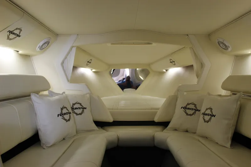 Slide: The Image of Luxurious interior of a 2007 Fountain 42 Lightning boat with branded cushions and ambient lighting. - 50