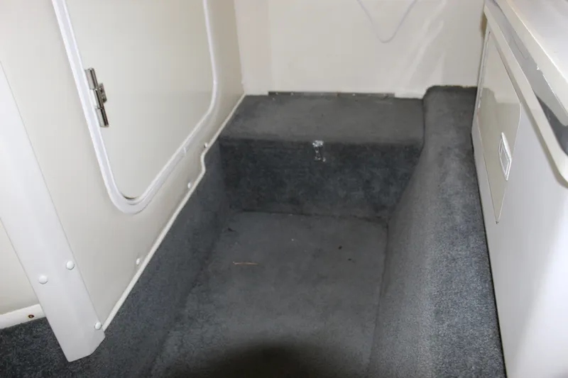 Slide: The Image of Interior cabin of 2007 Fountain 42 Lightning boat, featuring carpeted flooring and storage compartments. - 65