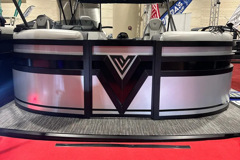 Slide: The Image of 2026 Viaggio Lago X20U pontoon boat with sleek silver and black design. - 5