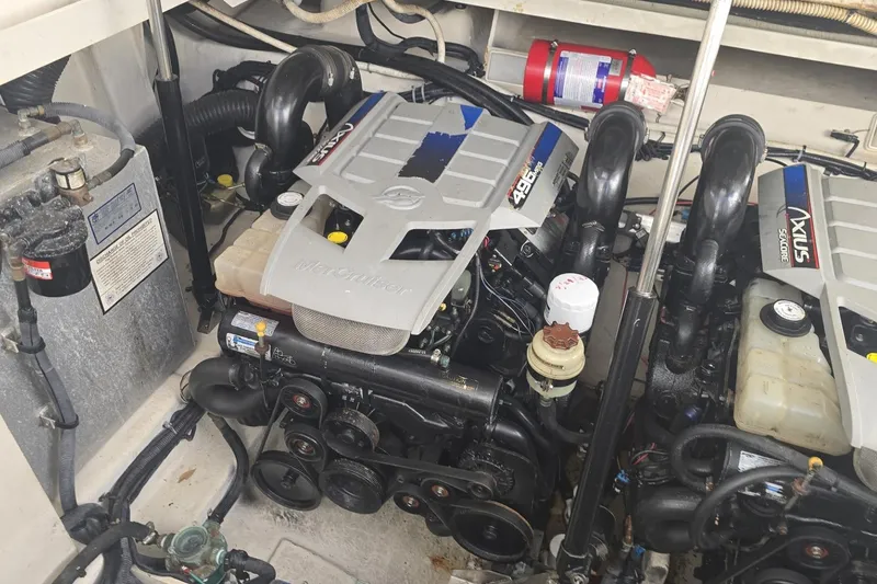 Slide: The Image of Engine compartment of a 2010 Sea Ray 350 Sundancer with MerCruiser 496 engines. - 10