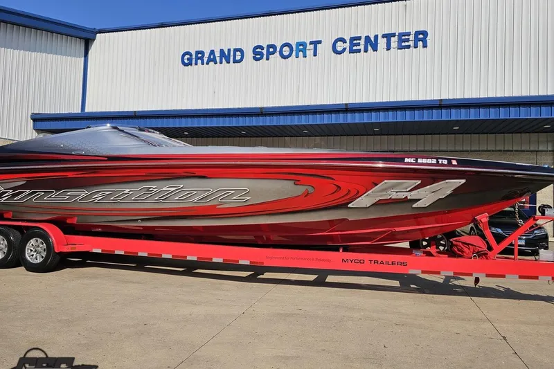Slide: The Image of 2011 Sunsation F-4 speedboat on trailer at Grand Sport Center. - 12