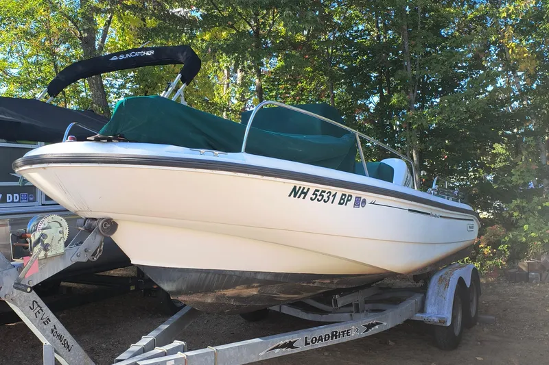 The Image of 2002 Boston Whaler 180 Dauntless boat on trailer, covered, in wooded area. - 2