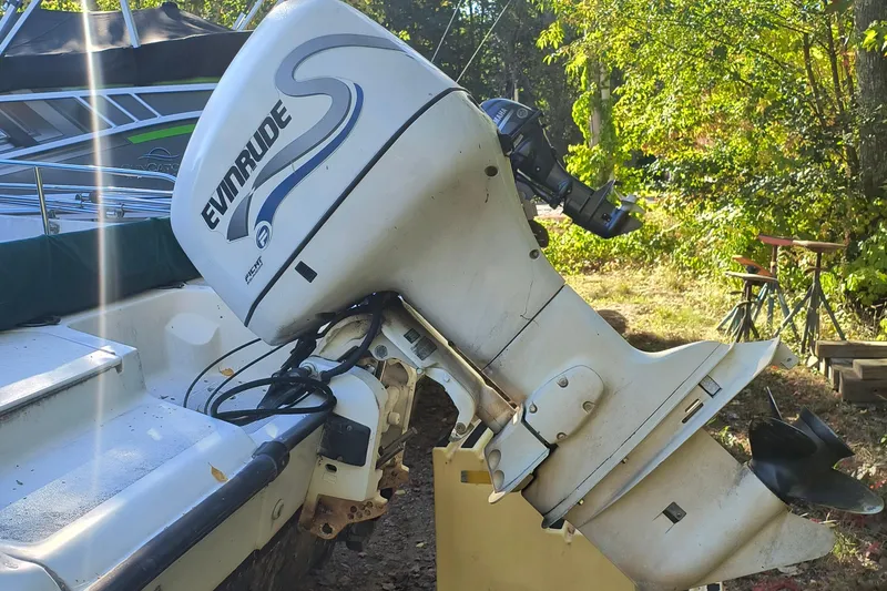 Slide: The Image of 2002 Boston Whaler 180 Dauntless with Evinrude outboard motor in a wooded area. - 4