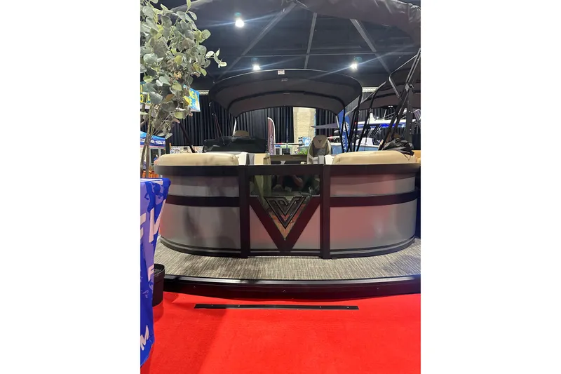 Slide: The Image of 2026 Viaggio Diamante D22S pontoon boat on display with sleek design and modern features. - 22