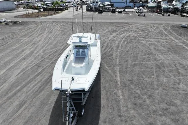 Slide: The Image of Aerial view of 2022 Freeman 37 VH boat on dry land, ready for transport. - 12