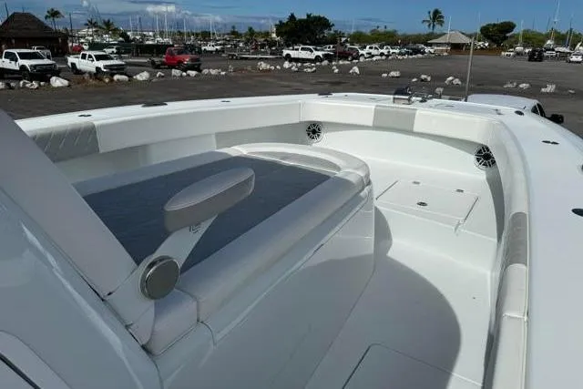 Slide: The Image of Freeman 37 VH 2022 boat interior with seating, docked at marina. - 21