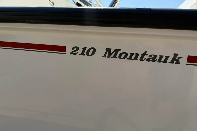 Slide: The Image of Close-up of 2014 Boston Whaler 210 Montauk boat name and stripe design. - 22