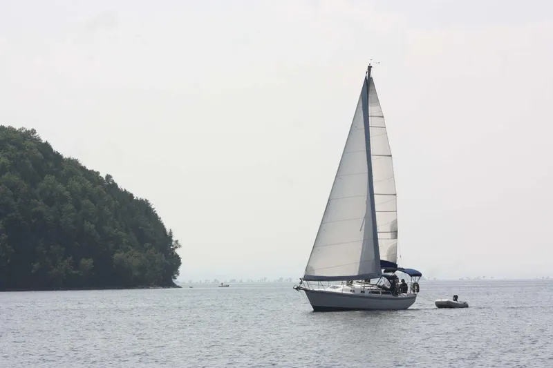Slide: The Image of Sailboat Catalina 30 MkII 1989 on calm water near forested shoreline. - 7
