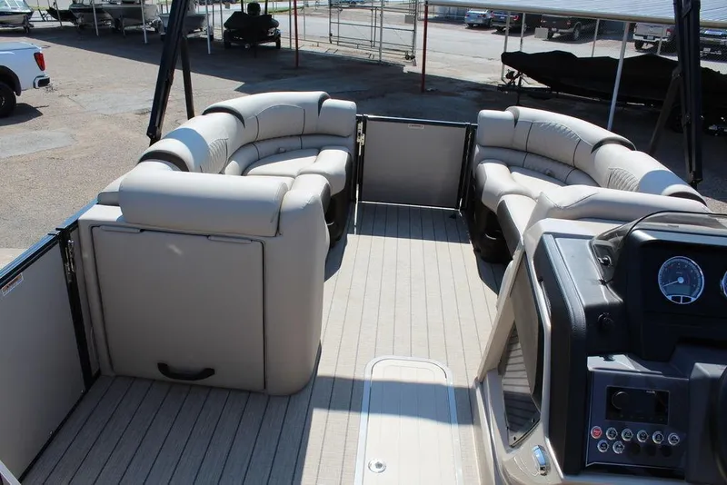 Slide: The Image of 2026 Avalon Catalina Quad Lounger Shift 25 FT interior with luxurious seating and modern dashboard. - 22