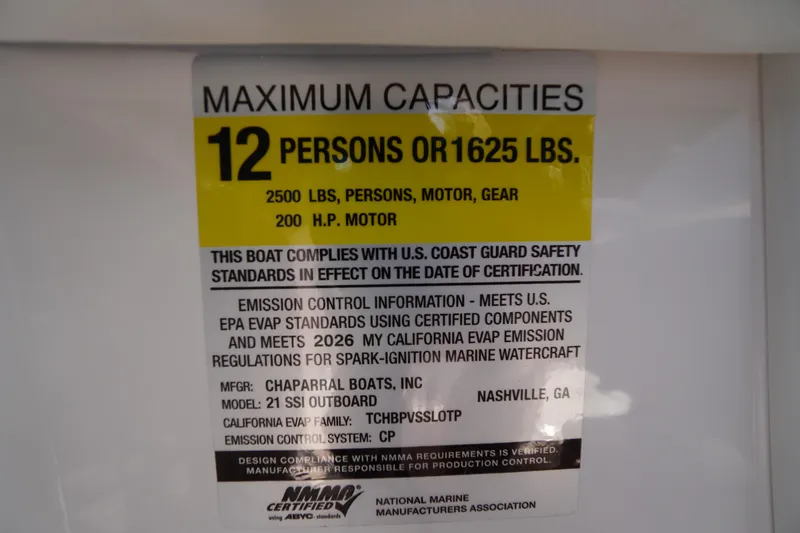 Slide: The Image of Capacity label for 2026 Chaparral 21 SSi OB, 12 persons or 1625 lbs, 200 HP motor. - 18