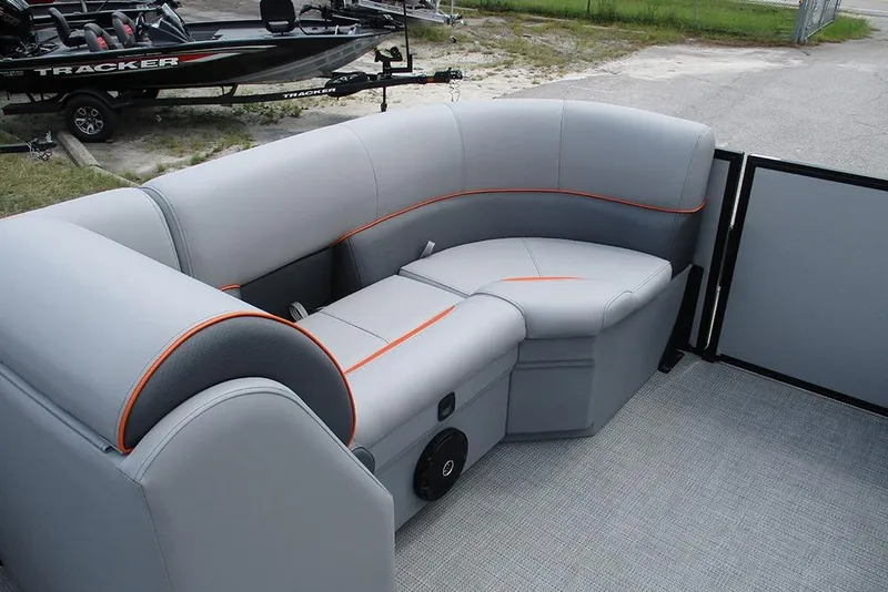 Slide: The Image of 2026 Bentley Pontoons 223 Bolt interior with sleek gray seating and orange accents. - 10