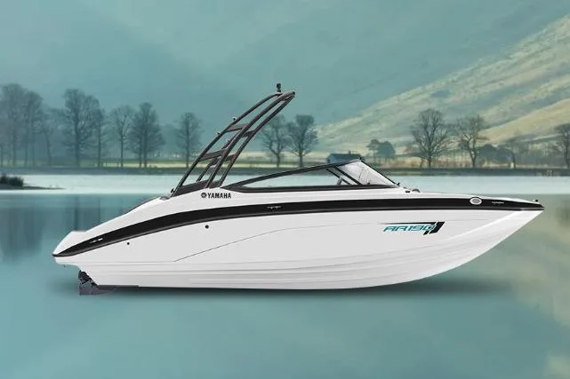 The Image of 2026 Yamaha Boats AR190 on serene lake with scenic mountain backdrop. - 0